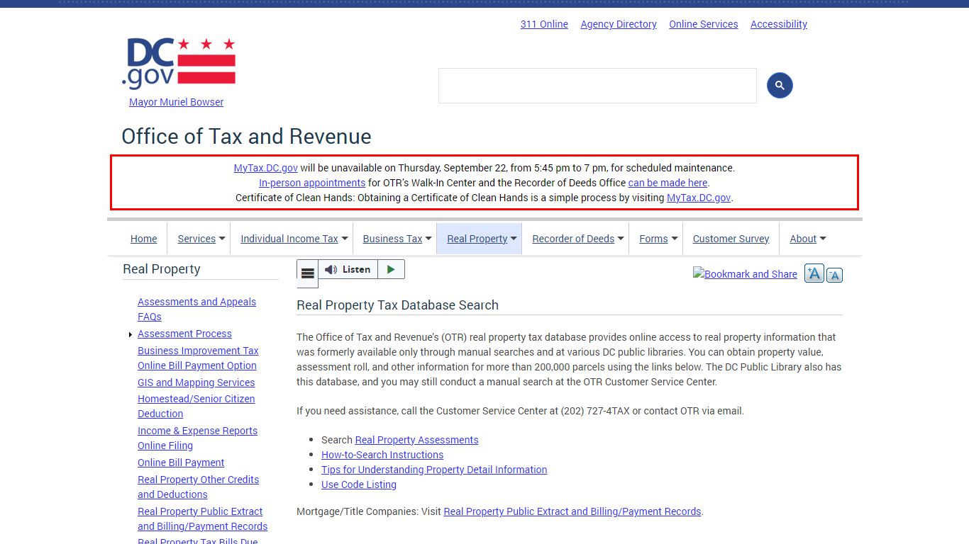 Real Property Tax Database Search | otr - Washington, D.C.